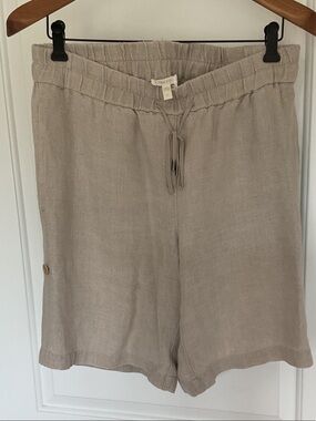 Eileen Fisher Neutral Beige Linen Drawstring Bermudas